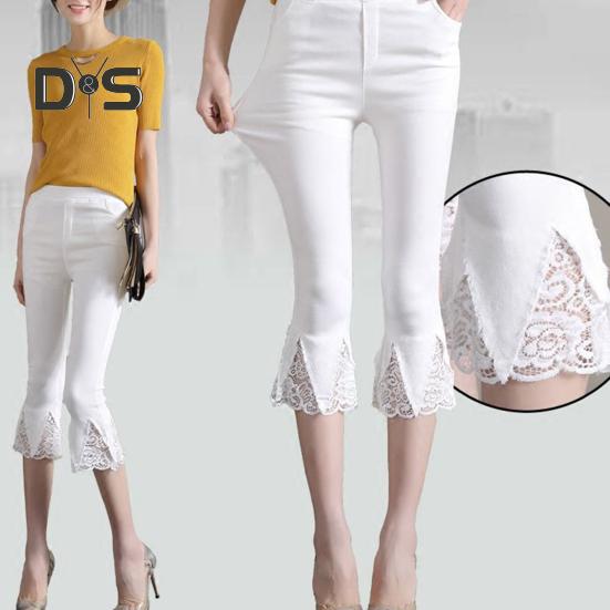 Dámské zkrácené kalhoty, jednobarevné, vysoce elastické, letní, rozšířené kalhoty, krajkové prošívání, těsné legíny s kapsami