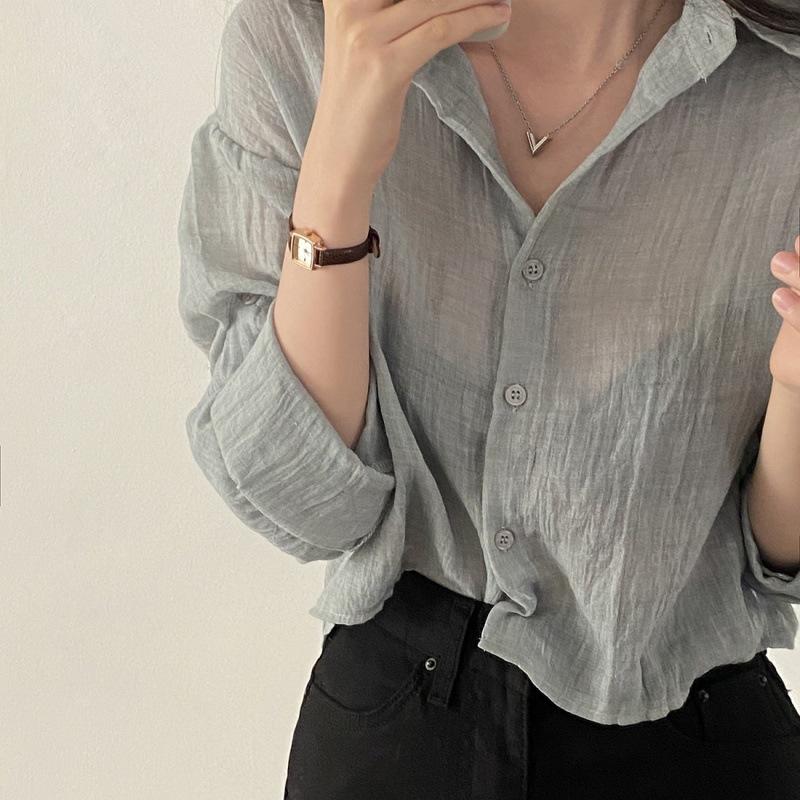 Blusa Camisa da Moda Simples Fina Cor Pura Camisa Anti-UV Camisa Anti-desbotamento Top Mulher Cor Sólida Camisa de Proteção Solar Streetwear