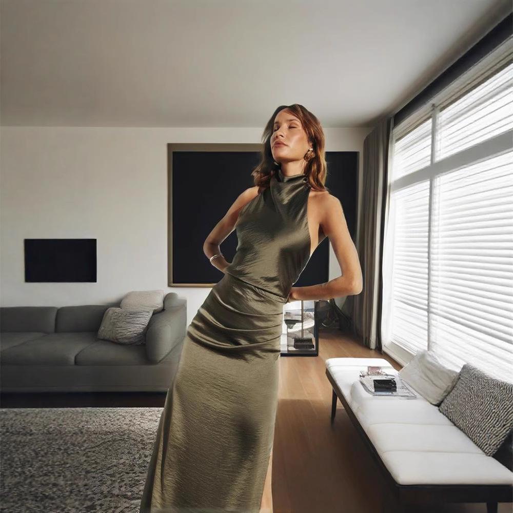 Elegant 2025 Women's Sexy Sleeveless Slit Dress - Slim European & American Style, Solid Color, Long Length.