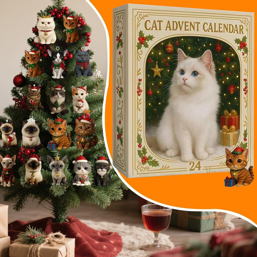 Weihnachts-Adventskalender mit 24 verschiedenen Rassen Acryl Katze Katzenliebhaber Adventskalender 2025 für Katzen Damen & Sammler