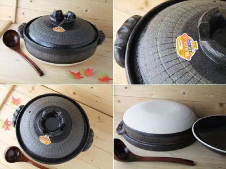 Minosarara Direct Flame Only Black Ten-Stripe Deep Clay Pot, Size 7, for 1-2 people