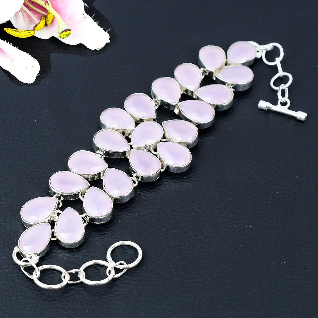 Pink Chalcedony Gemstone Handmade 925 Sterling Silver Bracelet 7-8" KG-378