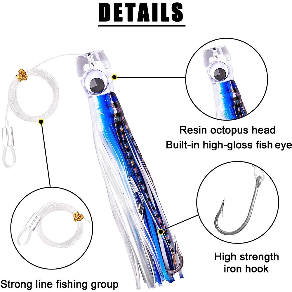 4Pcs 68g/107g Fishing Lures Saltwater Trolling Lures Rigged Squid Skirt with Leader Line Shark Hooks for Marlin Tuna Wahoo