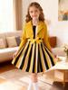 Girls' Yellow Jacquard Blazer & Striped Bow Dress Set - Spring/Autumn Princess Outfit