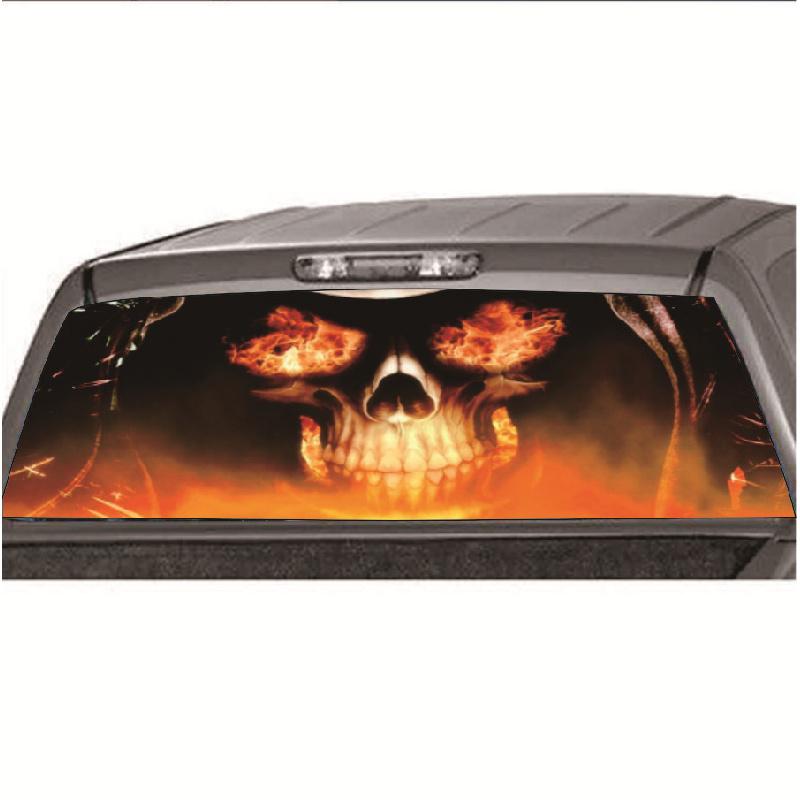 1X 135X36Cm Auto Heckscheibenaufkleber Flammen Schädel Grafik Aufkleber Für Pickup-Truck