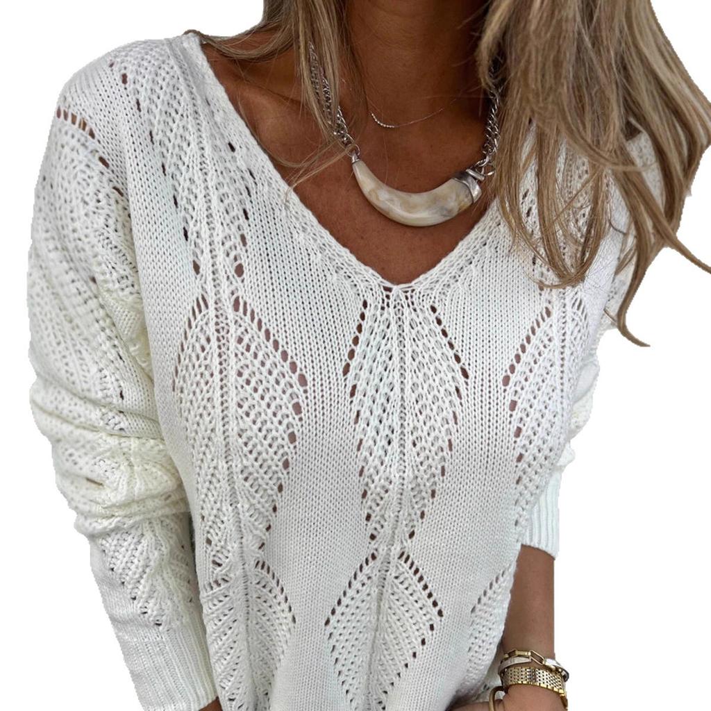 Women's long-sleeved V-neck hollow leaf pattern button knit sweater