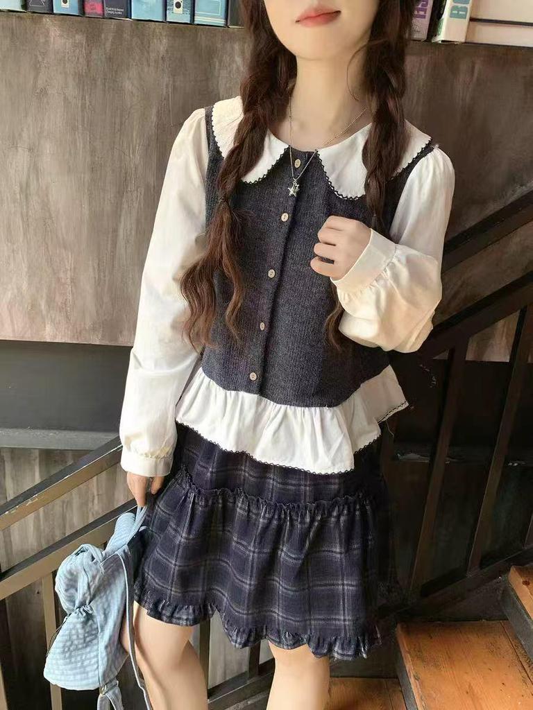 Autumn 2025 Women's Elegant Patchwork Doll Collar Shirt - Chic, Age-Defying Long Sleeve Top