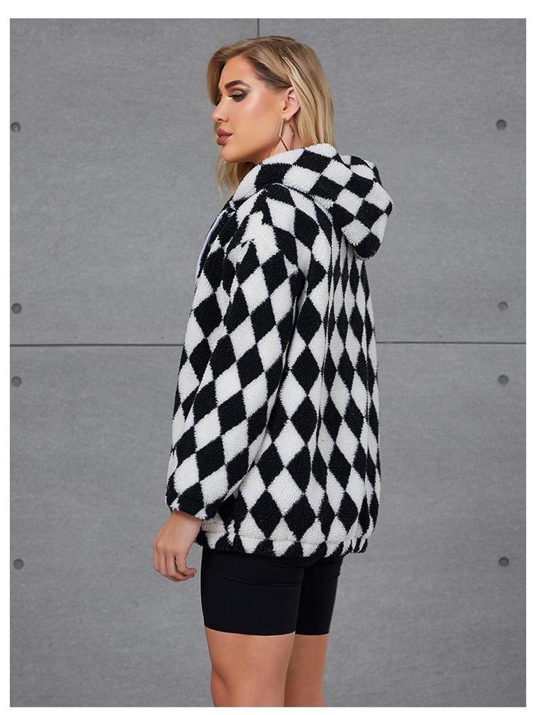 2022 European & American Women's Hooded Faux Fur Plaid Coat