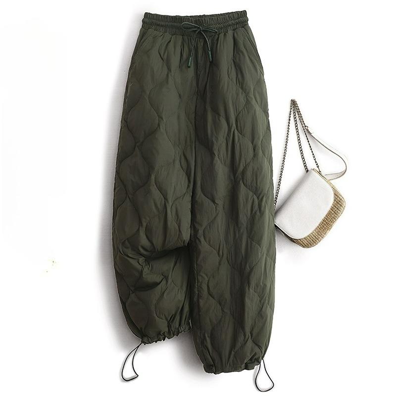 Lace-up Elastic Waist Rhombic Crimped Cotton Pants Women's Autumn and Winter Literature and Art Large Size Loose Windproof Warm Wide-leg Pants