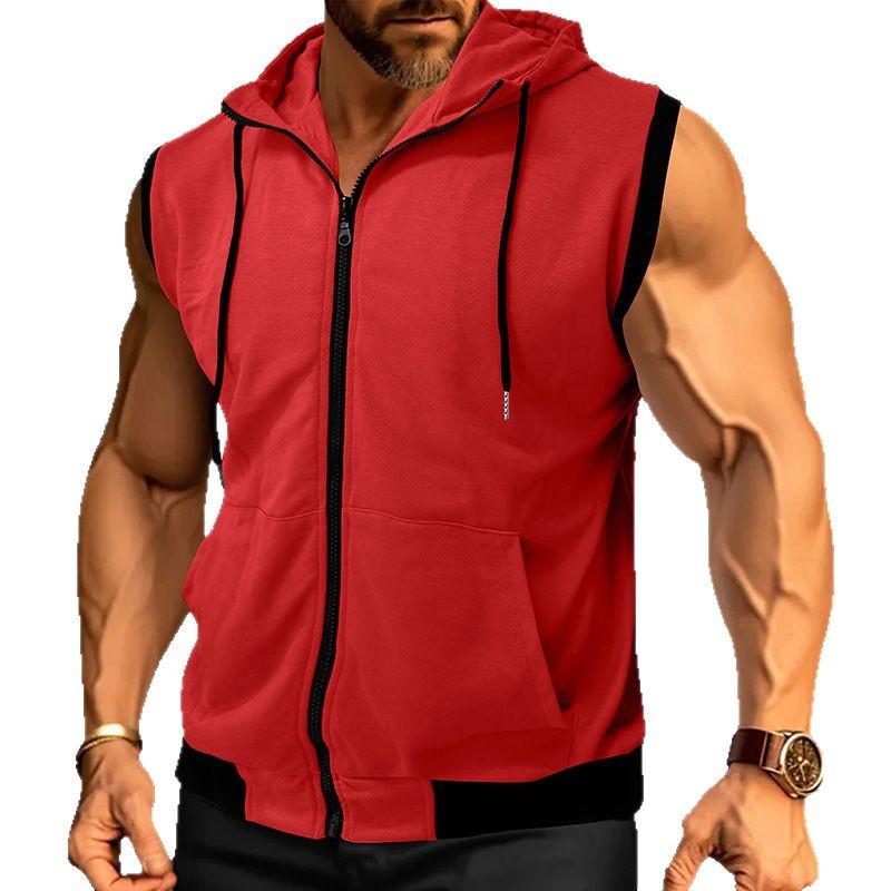 2025 Bestseller Men's Double-Layer Sleeveless Hooded Zipper Sweatshirt - Color Block Casual Fashion