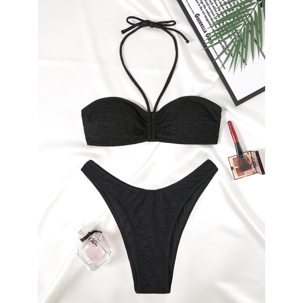 European and American Neck Split Swimsuit Bubble Cloth Solid Color Hollow Bikini Bikini