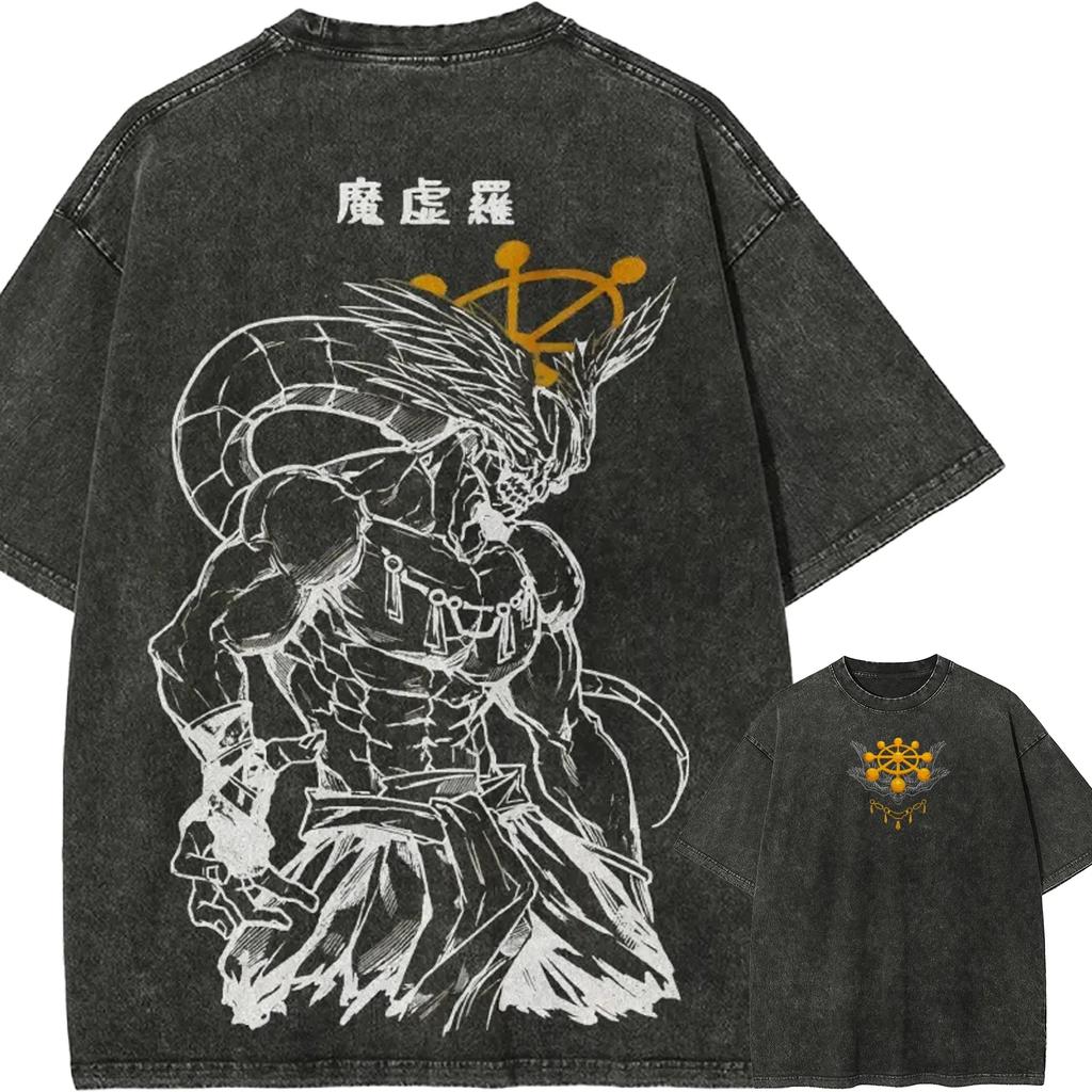 Camiseta Lavada Vintage Mahoraga de Jujutsu Kaisen para Hombre Anime Oversize Streetwear Camiseta Gráfica Unisex Top de Algodón