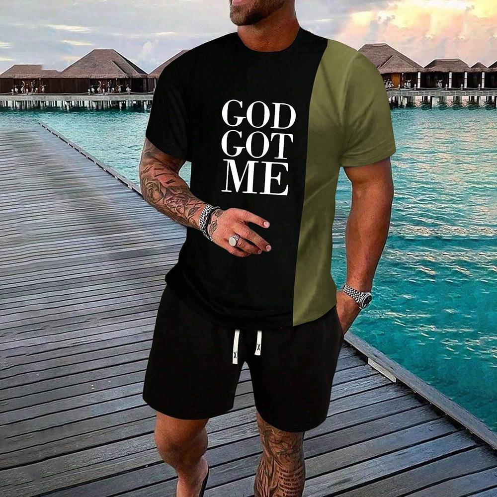 Vyriškas vasarinis 3D raidžių ir gėlių rašto marškinėlių ir šortų su raišteliu rinkinys, sportinė apranga