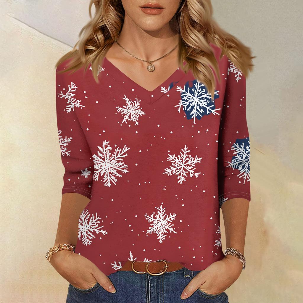 Women's T Shirt CHristmas Print 3/4 Sleeve Daily Weekend Fashion Basic V- Neck Regular Top