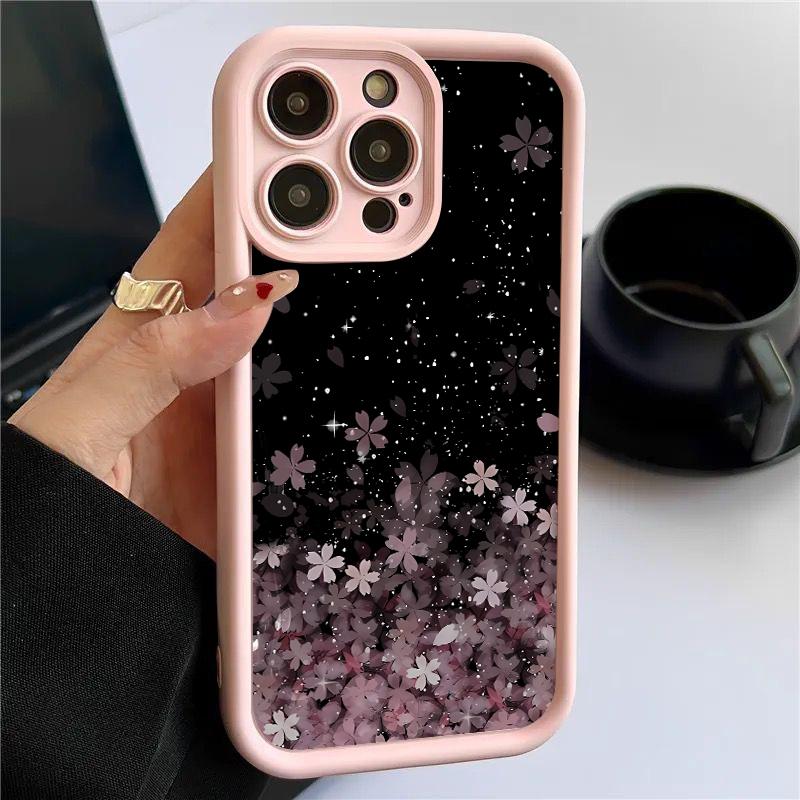 For iPhone 16 Plus 15 14 Pro Max 13 12 Pro 11 XS XR 8 7 Phone Cover Gradient Cherry Blossom Shockproof Lens Protection TPU Soft Case