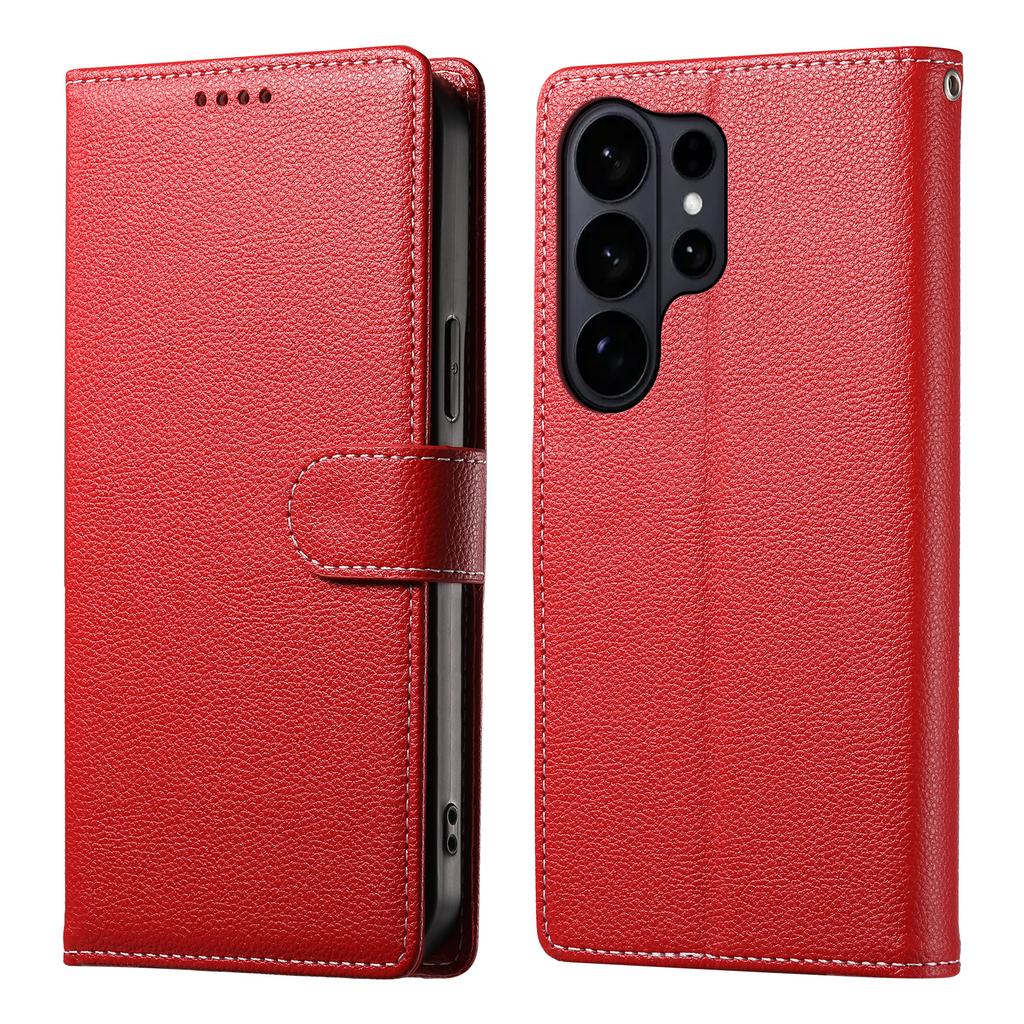 For Samsung Galaxy S26 Ultra Case Magnetic Snap Litchi Texture Leather Wallet Phone Cover with Wrist Strap