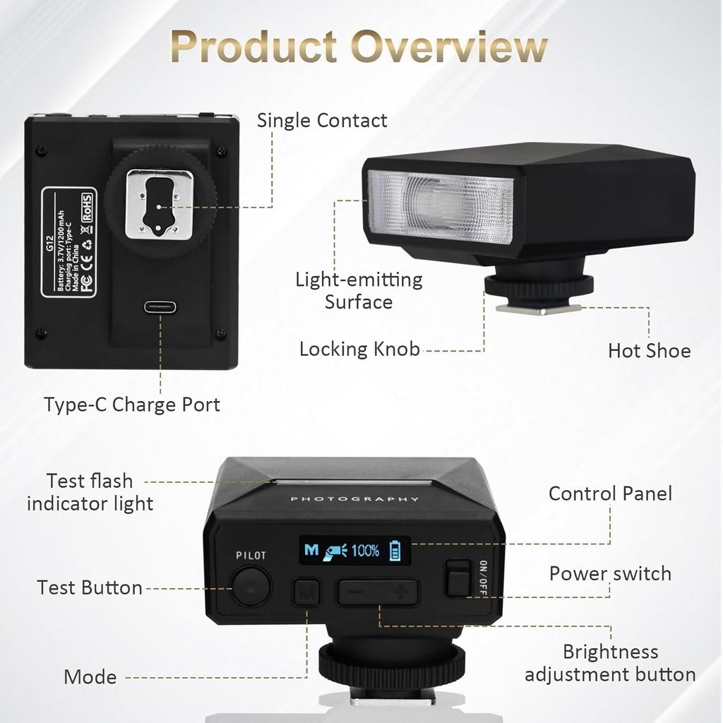 G12 Mini Camera Flash Speedlite, GN12 5600K,USB-C Charging Built-in 1200mAh Battery Compatible for