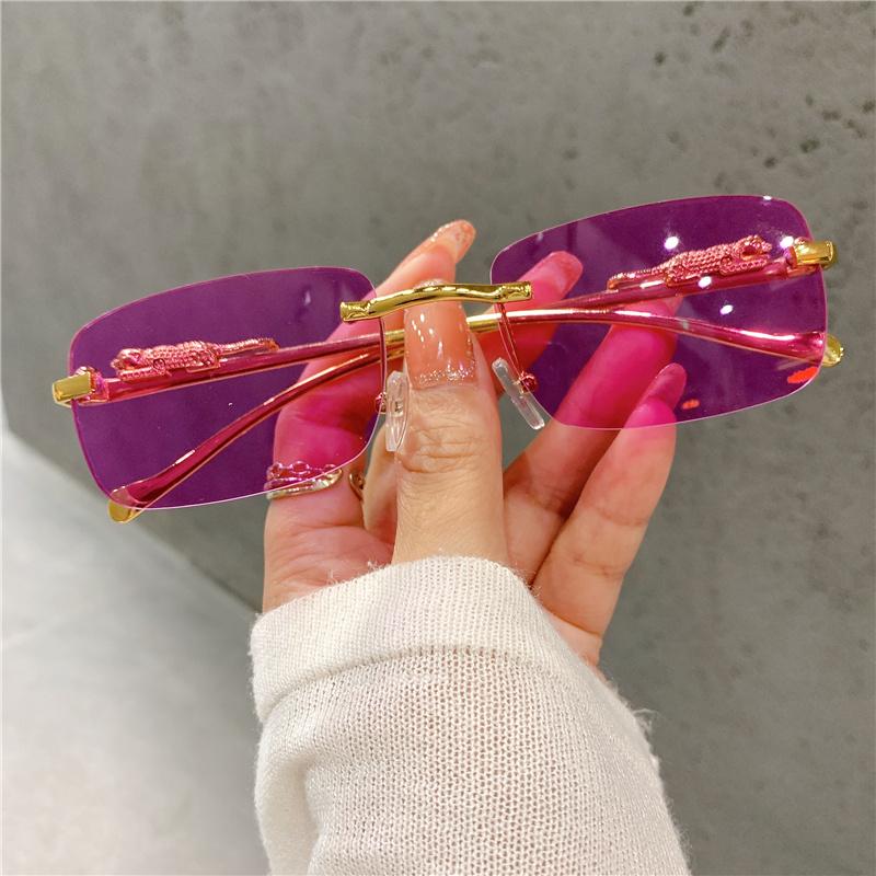 

Vintage Sunglasses Rimless Cut Edge Women s Sunglasses Fashion Designer Shades Luxury Golden Leopard Frame Sunglasses UV400 As shown фіолетовий