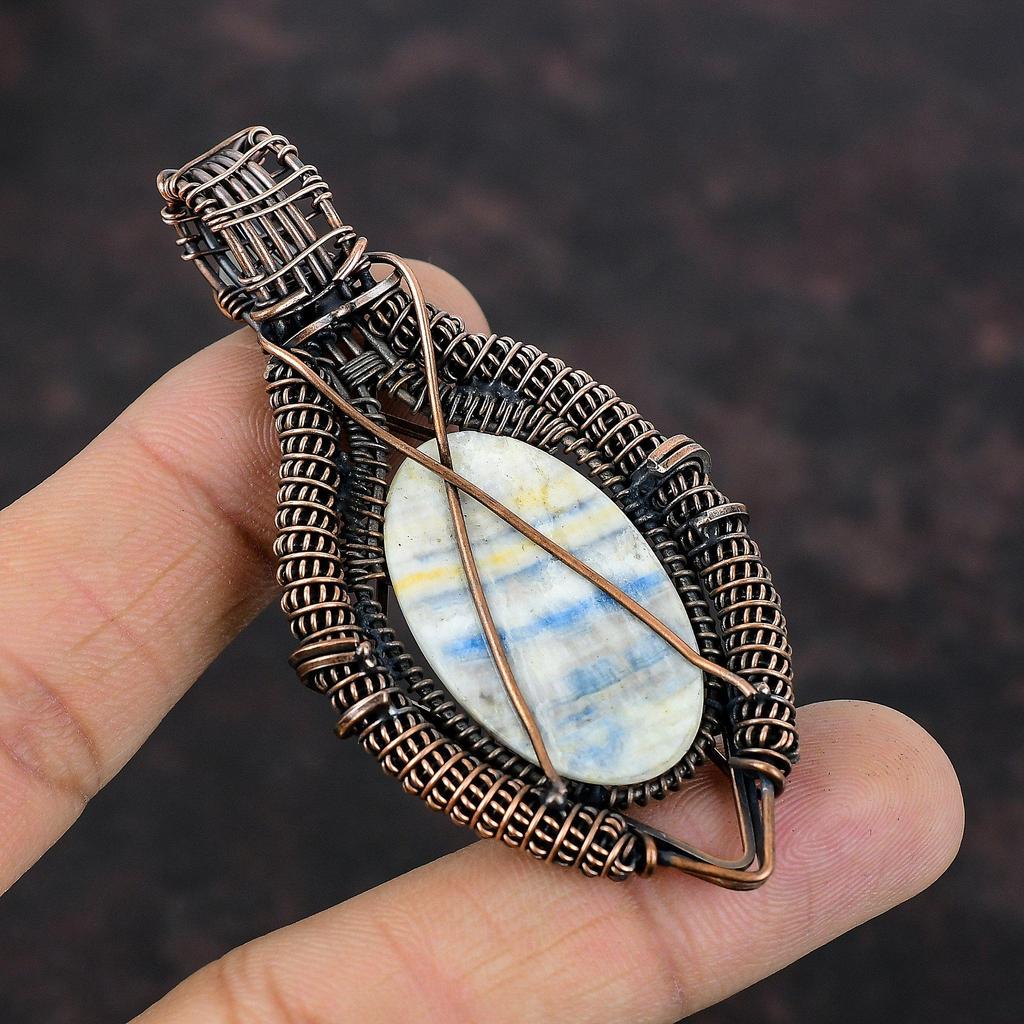 Blue Scheelite Pendant Copper Wire Wrapped Pendant Rainbow Moonstone Gemstone Pendant Handmade Copper Jewelry Anniversary Gift Healing Stone