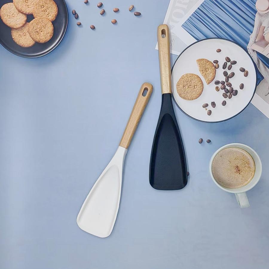 Wooden handle silicone large dense spoon silicone kitchenware non-stick pot cooking soup stirring spoon long handle salad more