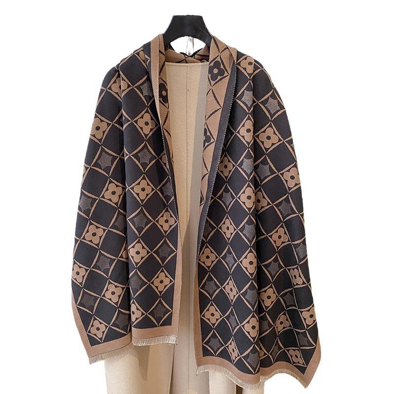 double-sided imitation cashmere geometric square flower print thickened warm scarf air-conditioned room shawl outside