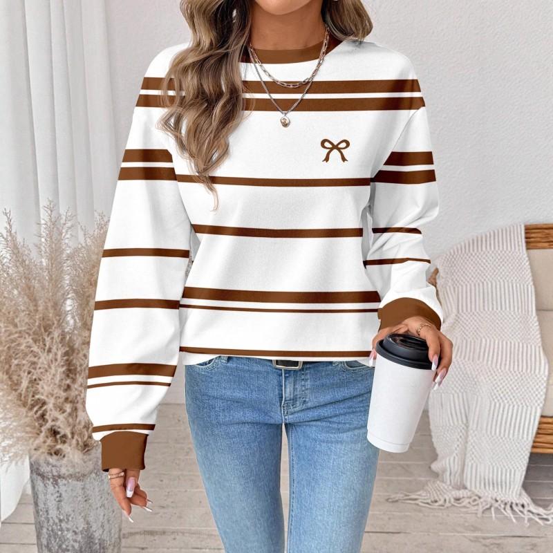 Womens Casual Striped Print Hoodie-Free Sweatshirt Loose Fit Round Neck Long Sleeve Top 2025