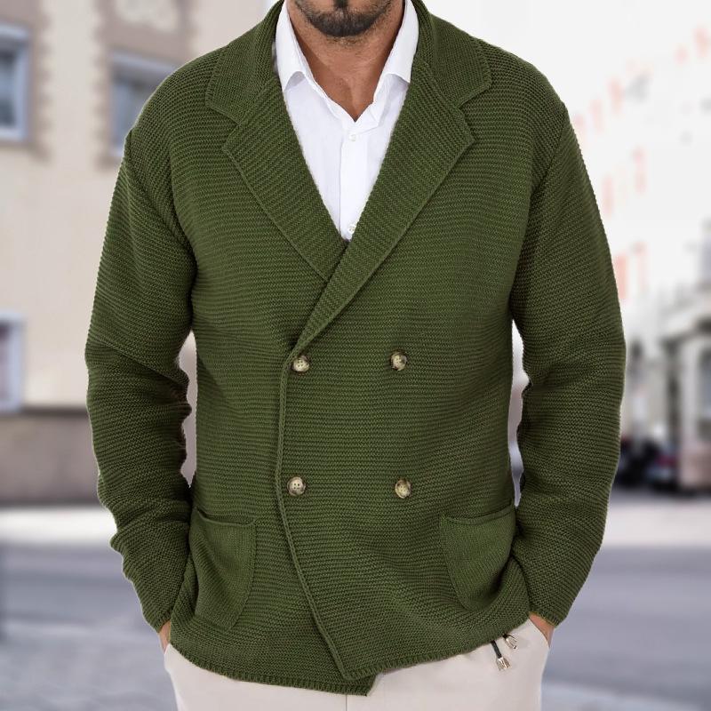 Men's Dark Blue Double Breasted Knit Cardigan with Gold Buttons, Thick Textured Fabric