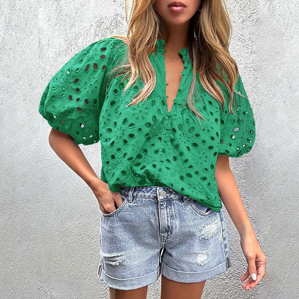 Spring and Summer Style Puff Sleeve Embroidered Shirt