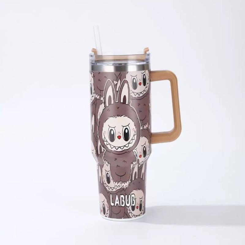 Cartoon pattern Labubu 40oz car cup 304 stainless steel thermos cup Labubu car straw Bingba cup