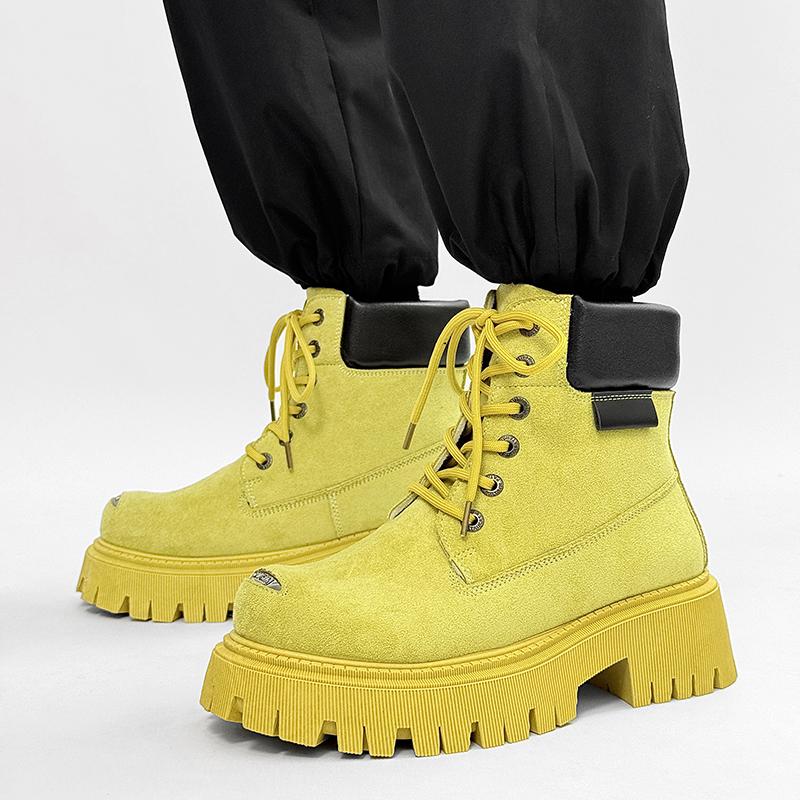 Yellow Designer Ankle Boots Men Autumn Outdoor Suede Boots Fashion High Top Platform Men Shoes Outdoor Tooling Motorcycle Boot