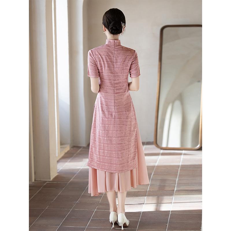 Pink embroidered Aodai cheongsam 1011 spring and summer new new Chinese temperament young national style dress daily