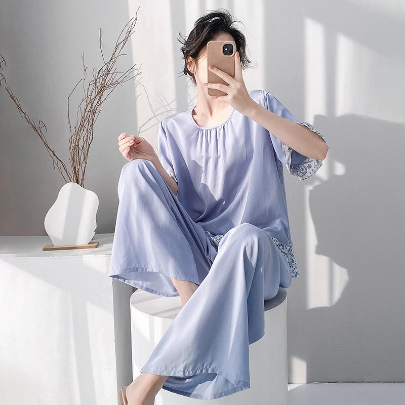 1011 New Cotton and Silk Pajamas for Women's Spring and Autumn Thin Short-sleeved Trousers Suit, Summer Large Size Solid Color Loungewear