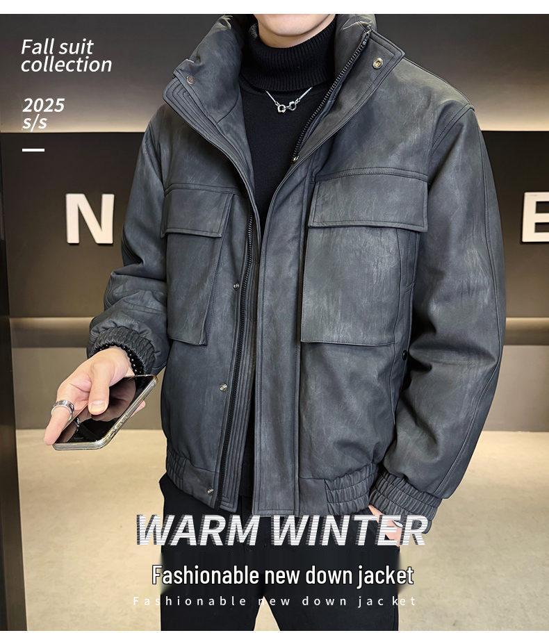 Men's 2025 Lightweight Leather Down Jacket: Stylish Short Winter Coat with Thick Stand Collar for Youth.