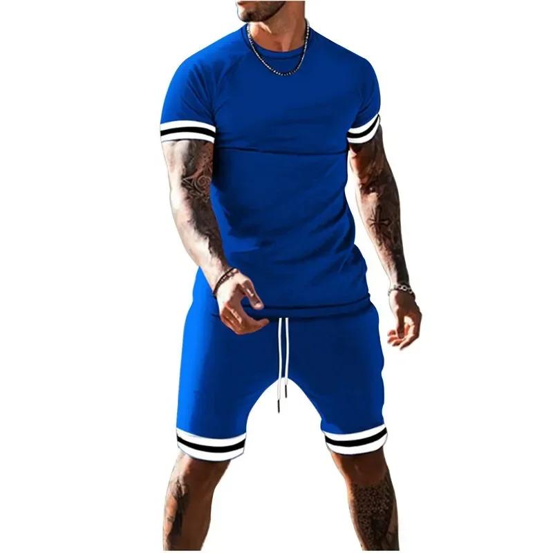 2024 Summer New Men's Round Neck Short Sleeve Sports Set Leisure Outdoor Fitness Sports Color Block Two Piece Set