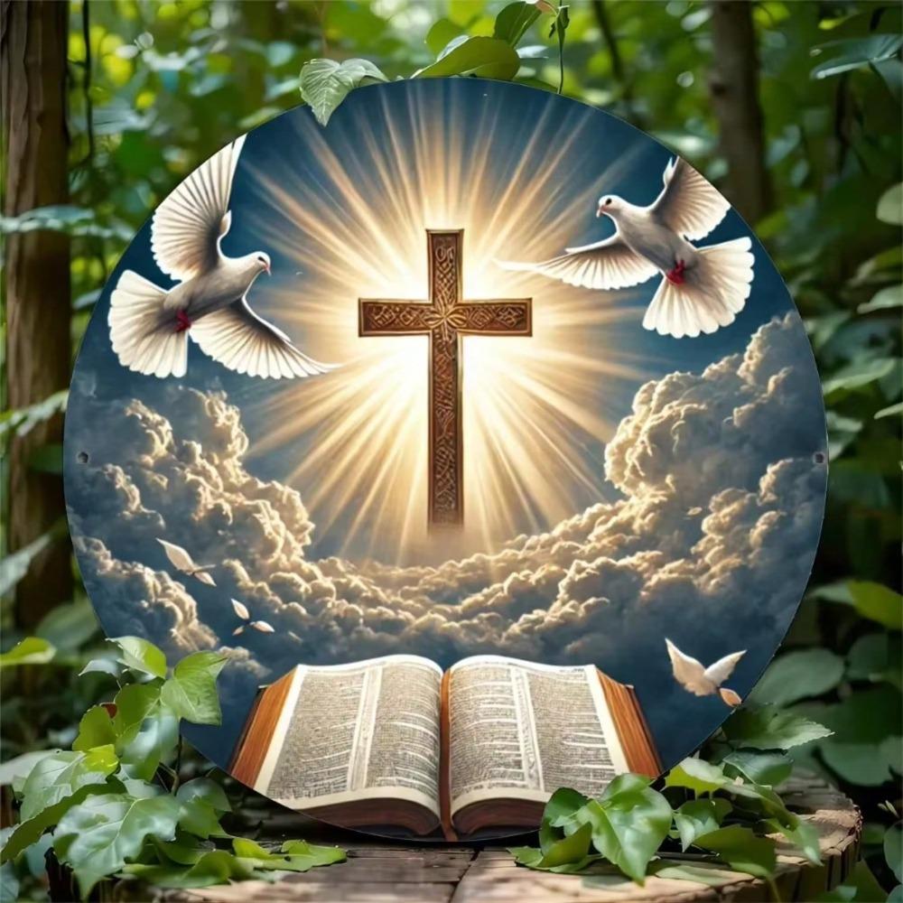 2D Round Metal Sign Christian Cross Bible Religious Home Decor Wall Art Sculpture