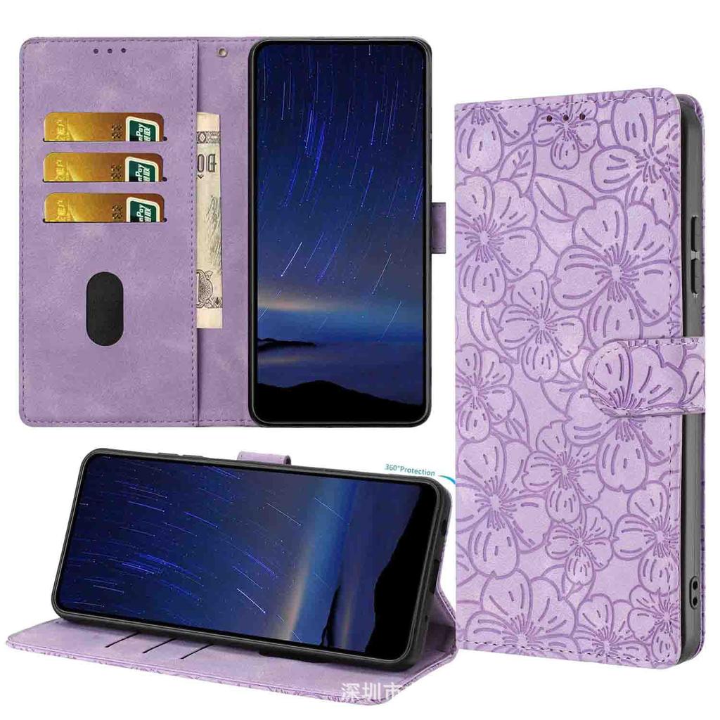 Applicable To iPhone17 Leather Case, Samsung S26 Cherry Blossom Embossed Card Wallet Protective Case Redmi 15C Matte