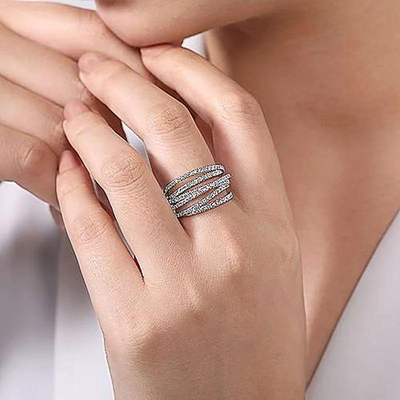 Universal Cubic Zirconia Ring For Men & Women European American Geometric Winding Irregular Multi-Layer Accessory