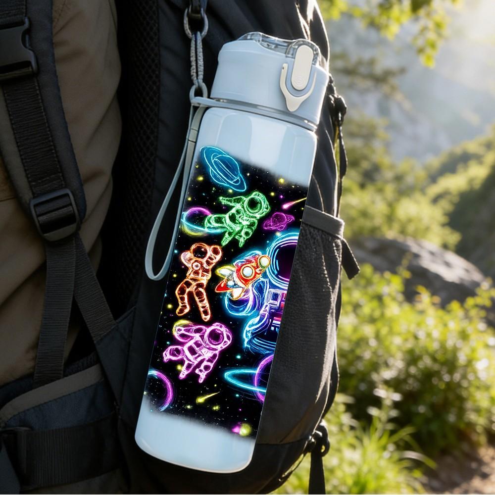 1PC Neon Glow Abstract Graffiti Print 750ml Color Plastic Sports Water Bottle Leakproof Flip Straw Lid Suitable for Sports Office Home Use