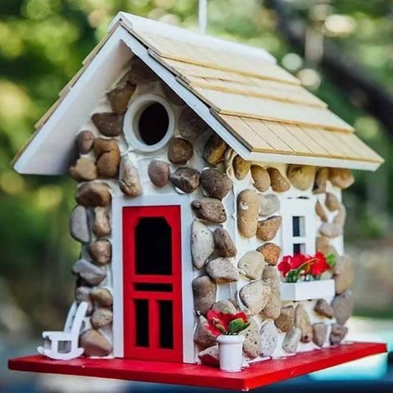 Stone Cottage Bird House Outdoor Resin Bird House Decorative Hanging Birdhouse for Garden Patio Courtyard Decoration