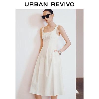 UR Women's Simple U-Neck Pleated Waist Sleeveless Cotton Dress