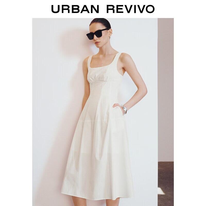 UR Women s Simple U-Neck Pleated Waist Sleeveless Cotton Dress XS грязно-белый