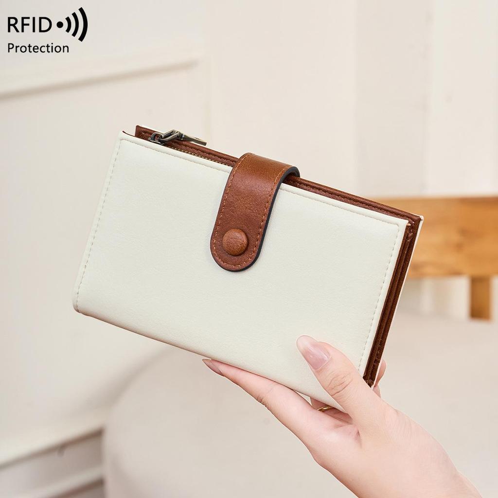 Portafoglio da donna RFID transfrontaliero: Portafoglio pieghevole a 3 ante in PU con portamonete con cerniera e portafoglio anti-magnetico.