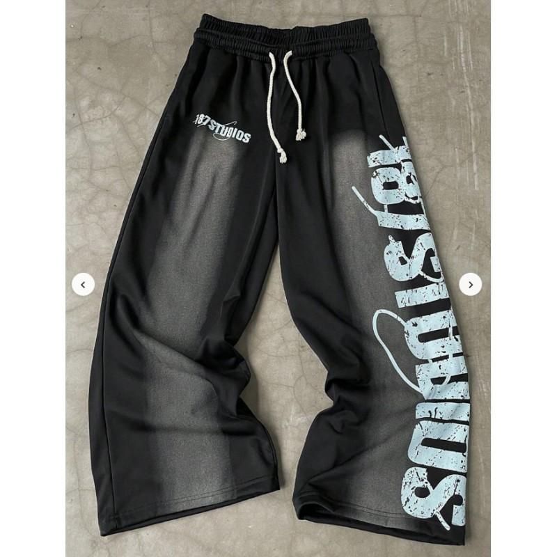 Pantalon de survêtement à rayures rétro avec badge imprimé lettre pour homme - Coupe ample droite - Streetwear - Pantalon décontracté