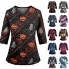 Women's Halloween Print Scrub Top with V-Neck, Pockets, Side Slit and 3/4 Sleeves