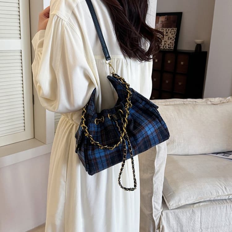 Blue Brown Plaid Woolen Drawstring Bucket Bag Women's Shoulder Bag