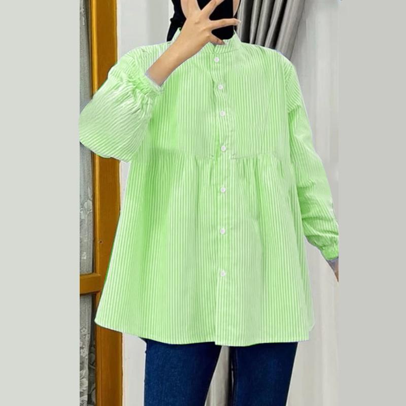 

ZANZEA Женская повседневная блузка с воротником-стойкой и длинными рукавами в полоску 4XL зелёный