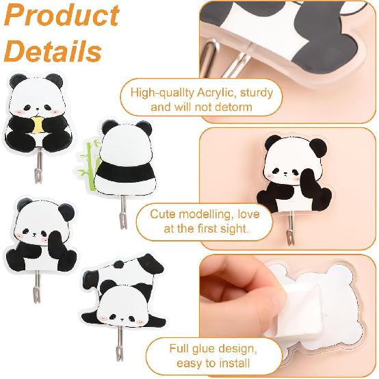 MOROBOR Panda Self Adhesive Hook, 4pcs No Punch Hook Decorative Wall Mounted Hooks Home Office Nursery Room Decoration for Hanging Key, Towel, Hat