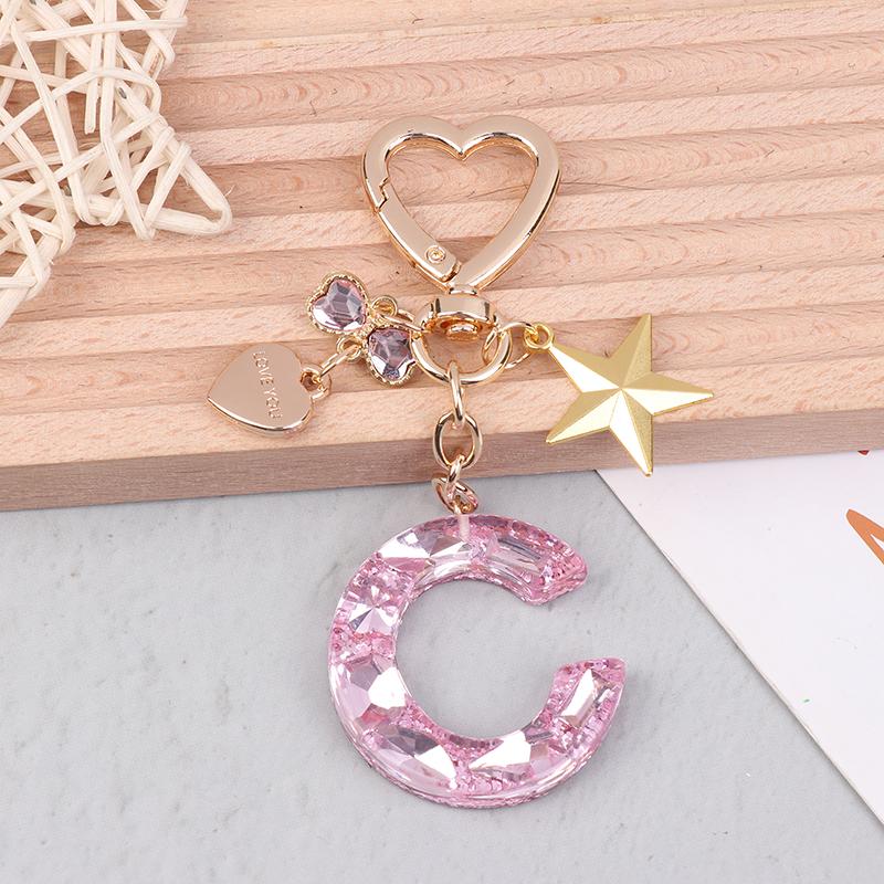 Cute  Bling Keychain A To Z Initial Letter Love Heart Star Pink For Women Girls Bag Cup Pendant Key Chain Accessories