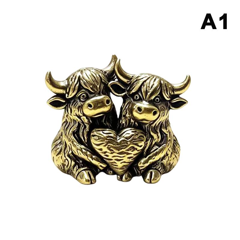 Vintage Lucky Fengshui Highland Cow Figurine Mini Solid Brass Bull Statue for Home Office Desk Decor Animal Collection Gift