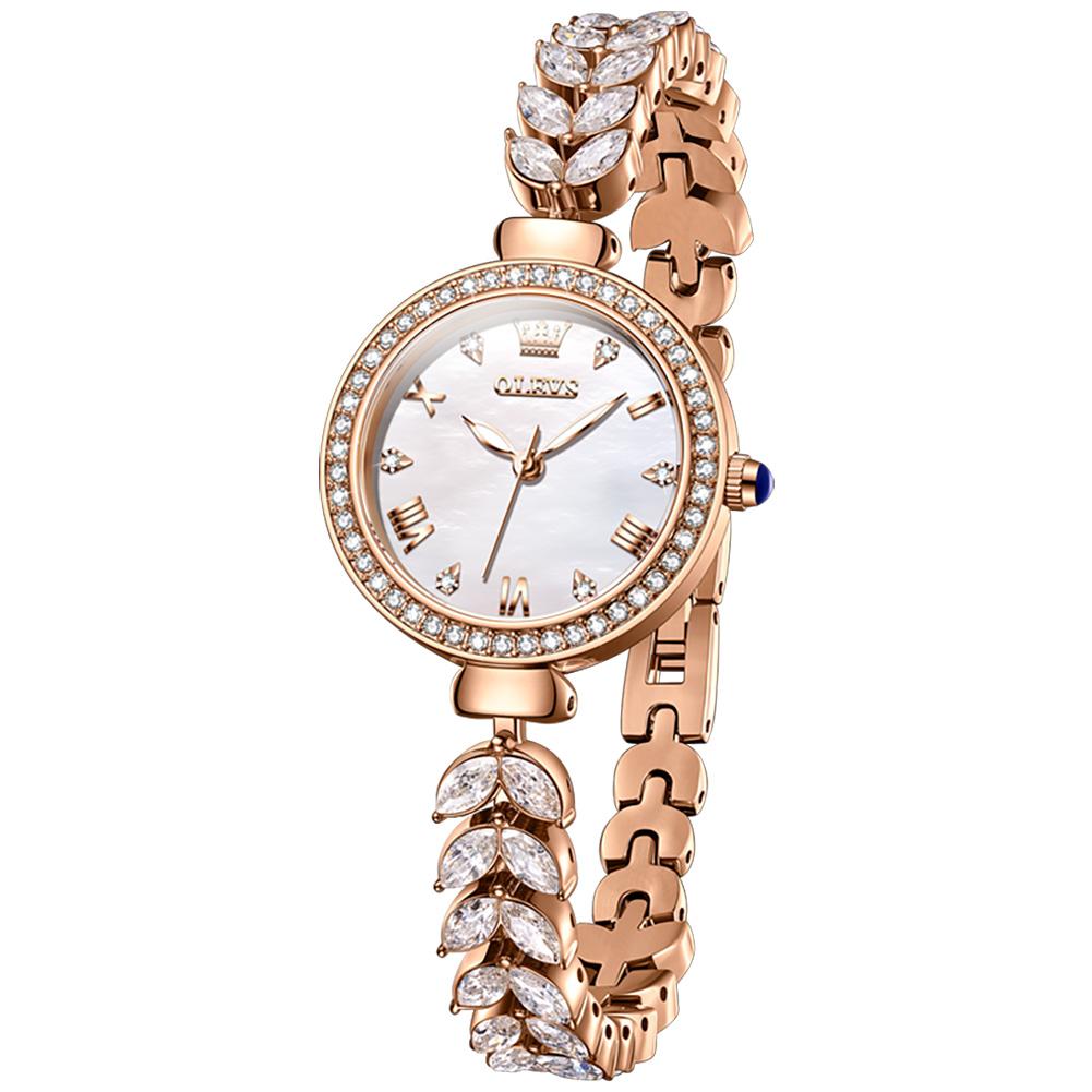 Luxury OLEVS Female Quartz Watch Crystal Inlaid Bezel Green Sunburst Dial Rose Gold Bracelet Ladies Dress Wristwatch Gift